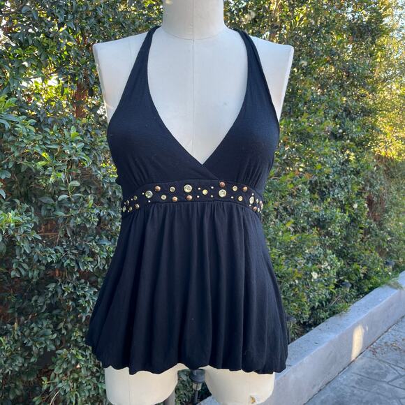 Vintage 2000s Twenty One Black Beaded Gathered Waist USA Made Medium - Picture 2 of 11